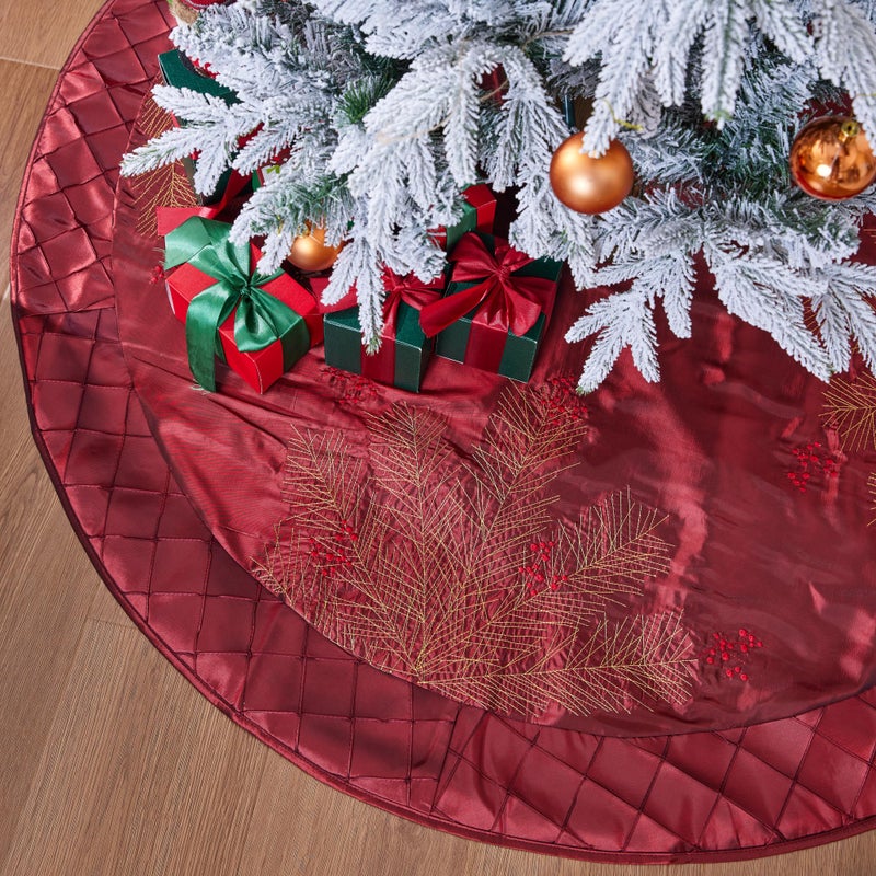 ONGLYP X.Sem Deluxe Embroidered Pine Branches Cherry with Pintuck Border,Extra Large,Christmas Tree Skirt-50 - Image 3